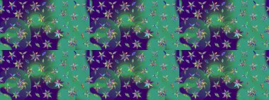 Renkli Bahar Teması eskiz kalıbı. Raster Modaya uygun kumaş deseni. Düz Çiçek Elementleri Tasarımı. Mavi ve yeşil renkli şirin çiçek deseni.