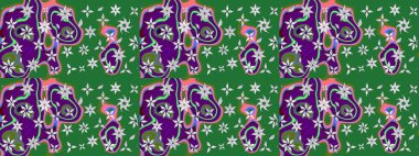 Nakış desenli çiçek deseni. Renkli grunge soyut arkaplanı koloyeşil çiçeklerle süslüyor. İzler, kumaş, duvar kağıtları, tekstil için raster dokusu.