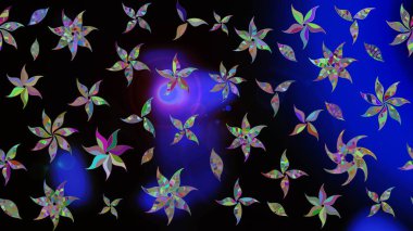 Raster Floral Illustration, Asyalı tekstil. Siyah renkli etnik çiçeklerle zarif eskiz deseni.