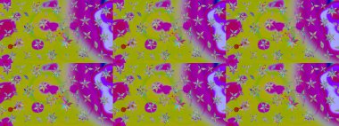 Raster illüstrasyonundaki çiçek desenli çizim. Suluboya tarzında yeşil ve mor renkte çiçekler.