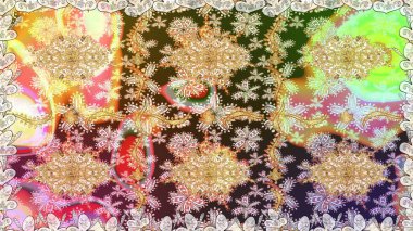 Doğu tarzı arabesk. Hassas altın deseni açın. Kusursuz altın desenli bukleler. Tarafsız renklerde, altın elementlerle kusursuz desen. Raster. Parlak dantel, stilize çiçekler, şal desenli.