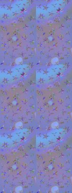 Tekrarlayan çiçek arkaplanı, zarif menekşe ve mavi çiçek duvar kağıdı. Mor ve mavi renkler üzerine çiçek desenli eskiz, el yapımı papatyalar, papatyalar..