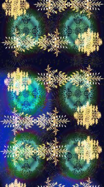 Bokeh grisi, mavi, yeşil ve kar taneleriyle dekoratif Noel arkaplanı. Raster illüstrasyonu.