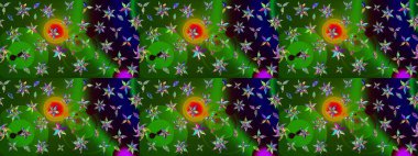 Küçük çiçekli basit bir çiçek çizimi. Yeşil ve siyah renkli şirin çiçekler. Moda baskısı, albüm, ambalaj kağıdı ve duvar kağıdı için zarif dekoratif süslemeler. Raster illüstrasyonu.