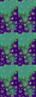 Raster düz çiçek çizim deseni. Hediye ambalaj kağıdı, tebrik kartları, posterler ve pankart tasarımı. Mavi ve yeşil renkte çiçekler.