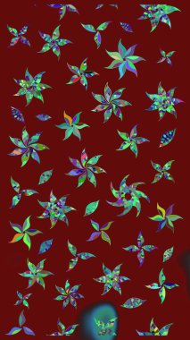 Modern çiçek arkaplanı. Moda baskıları için zarif bir şablon. Parlak renkli çiçekli ve kırmızı yapraklı harika bir çiçek deseni. Halk stili.