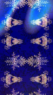 Mavi, nötr ve siyah renkte parlak çiçekli halı deseni.