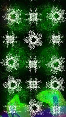 Renkli arka planda izole kar taneleri. Raster illüstrasyonu. Yüzey için tekrarlanan doku, ambalaj kağıdı, yeşil, siyah ve mavi renkler. Kış kar tanesi, raster arkaplan.