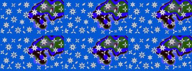 Çiçekli ipek eşarp. El çizimi çiçek unsurları olan soyut çizim raster deseni. 1950-1960 motifleri. Retro tekstil tasarım koleksiyonu. Mavi maviye.