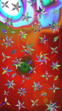 Raster illüstrasyonu. Raster illüstrasyonu. Kırmızı ve mavi renkte çiçekler. Asya tekstil tarzında. Çiçek desenini çiz.