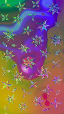 Güzel kumaş deseni. Mor ve yeşil renklerde. Raster illüstrasyonu. Raster illüstrasyonunda çiçek deseni çizimi.