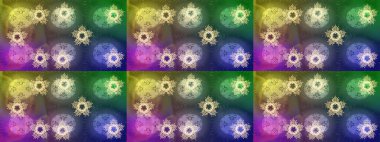 Farklı kar tanesi toplama rasterleri, yeşil, mor ve nötr renklerde kış elementleri. Raster Noel soyut renkli arkaplan ve tatlı kar tanesi.