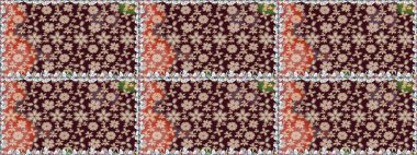 Çiçek tasarımı için inanılmaz bir kolaj cenneti tarzı. Parlak çiçekli kolaj çiçekleri kahverengi. Çiçekli zambaklar dikişsiz arkaplan.