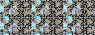 Tekrarlayan elementlerle soyut arkaplan oluşturun. Altın elementlerle siyah renklerde altın pürüzsüz desen. Raster illüstrasyonu. Kusursuz, klasik altın desen..