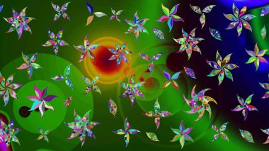 Raster illüstrasyonu. Yeşil renkli Asya tekstili. Suluboya çiçekli çiçek deseni.