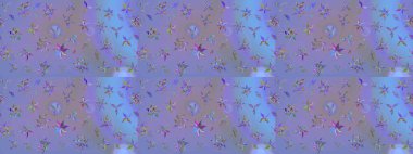 Raster illüstrasyonu. Raster illüstrasyonu. Mor ve mavi renkte çiçekler. Çiçek desenli çizim. Asya tekstil tarzında.