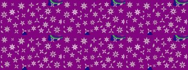 Yumuşak, bahar çiçekleri mor renklerde. Raster illüstrasyonu. Çiçek ve yapraklı karalama şeklinde Raster çiçek deseni.