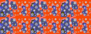 Raster illüstrasyonu. Asya tekstil tarzında. Turuncu ve mavi renkli çiçekler. Çiçek desenli çizim. Raster illüstrasyonu.