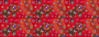 Yaprak ve çiçeklerin suluboya resimleri, kırmızı ve kahverengi renkler üzerine çizimler. Raster illüstrasyonu. Kibar, bahar çiçekleri kırmızı ve kahverengi renklerde.