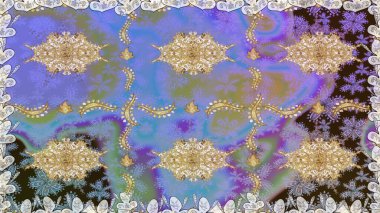 Menekşe renklerinde altın tekrarlayan elementlerle soyut arkaplan. Kusursuz oryantal klasik altın desen.