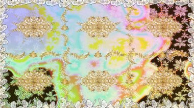 İslam tasarımı. Kusursuz desenli oryantal süs. Raster altın tekstil baskısı. Çiçek kiremitleri. Altın elementlerle nötr renklerde altın desen.