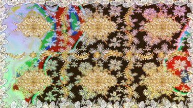 Kahverengi renklerde altın desenler ve altın elementler. Raster oryantal süs. Barok tarzında kusursuz bir doğulu süsü. Geleneksel klasik altın desen.