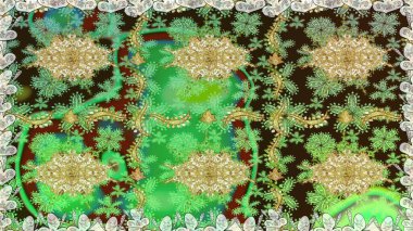 Kusursuz çiçek deseni. Kusursuz raster arka plan. Duvar kâğıdı barok, İspanyol kumaşı. Yeşil renklerde grafiksel, modern, pürüzsüz desen.