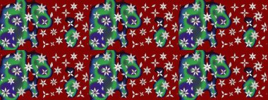 Retro tekstil tasarım koleksiyonu. Çiçekli ipek eşarp. Kırmızının üstüne kırmızı. 1950-1960 motifleri. El çizimi çiçek elementleri ile soyut çizim raster deseni.