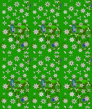 Çok yeşil zarif küçük çiçekler ve yeşil renkli komik böcekler, raster desen, illüstrasyon.