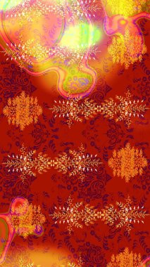 Raster deseni. Patlayan çiçekler soyut olarak yerleştirilmiş. Raster illüstrasyonu. Kibar, bahar çiçekleri kırmızı, turuncu ve sarı renkler.