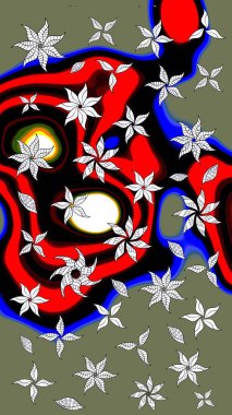 Bir sürü yeşil ve soyut çiçekli tropik eskiz deseni. Varicologreen Raster çizimi. Küçük çiçekte sevimli çiçek deseni var..