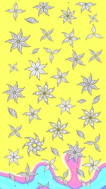 Şirin çiçekli, desenli, sarı renkli bir eskiz deseni. Tekstil için suluboya eskiz deseni. El çizimi çiçek çizimi deseni (fayans)).