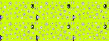 Çiçekli karalama şeklinde Raster çiçek deseni. Nazik, sevimli çiçek arkaplanı. Yeşil renkte çiçekler.