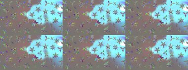 Çok renkli, zarif küçük çiçekler ve gri renkli komik böcekler, raster desen, illüstrasyon.