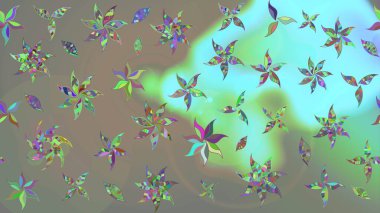 Suluboya elle çizilmiş çiçek desenli eskiz deseni. Parlak renkli fantezi çiçekleri, yapraklar, gri ve mavi renkli tomurcuklar, gri ve mavi.