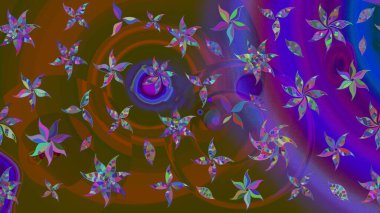 Kahverengi ve mor renkli şirin çiçek desenleri. Düz Çiçek Elementleri Tasarımı. Renkli Bahar Teması eskiz kalıbı. Raster Modaya uygun kumaş deseni.