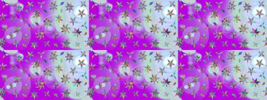 Moda baskıları için zarif bir şablon. Küçük çiçekte güzel bir desen. Motley illüstrasyonu. Menekşe ve nötr çiçekli bahar çiçekleri. Küçük renkli çiçekler..