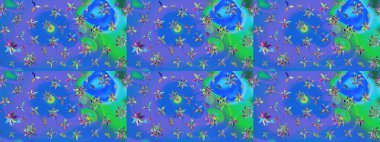 Raster illüstrasyonu. Mavi ve mor renkli Asya tekstili. Çiçek desenini çiz.