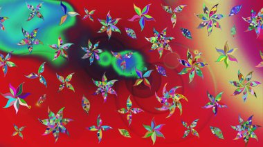 Renkli Bahar Teması eskiz kalıbı. Düz Çiçek Elementleri Tasarımı. Güzel çiçek deseni. Kırmızı ve yeşil renkte çiçekler.