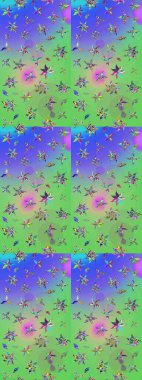 Yeşil ve mor renkli etnik çiçeklerle süslenmiş zarif bir eskiz şekli. Asya Tekstil 'inde Raster Çiçek İllüstrasyonu.