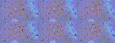 Gömlek, arka plan modelini çiz. Tropik çiçekler. Mor ve mavi renkte çiçekler.