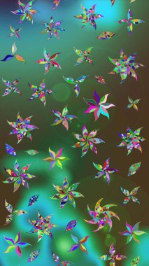 Raster illüstrasyonu. Yeşil ve mavi renklere karalamalar çizilmiş çiçek deseni.