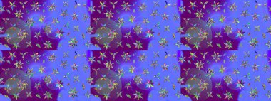 Mor ve mavi renklerde bahar çiçekleri. Raster illüstrasyonu. Patlayan çiçekler soyut olarak yerleştirilmiş. Raster deseni.