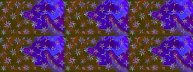 Çiçekli karalama şeklinde Raster çiçek deseni. Yumuşak, bahar çiçekli arka plan. Kahverengi ve mor renkte çiçekler.