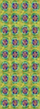 Sanat terapisi tarzı zen çizim için yeşil, mavi ve sarı mandala şeklinde kar taneleri. El çizimi, dövme stili, kumaş tasarımı ve Raster illüstrasyonunda kartlar..