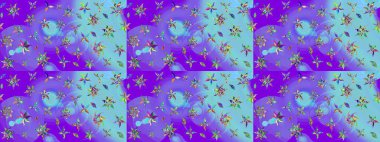 Raster düz çiçek çizim deseni. Mor ve mavi renkte çiçekler. Tasarım hediye paketi, tebrik kartları, posterler ve afiş tasarımı.