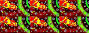 Suluboya elle çizilmiş çiçek desenli eskiz deseni. Parlak renkli fantezi çiçekleri, yapraklar, kırmızı ve yeşil renkli tomurcuklar, kırmızı ve yeşil.