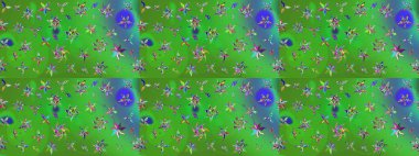 Elle çizilmiş çiçek desenli Raster çizimi. Tekstil, kumaş, ambalaj, hatıra defteri için hoş bir çiçek arkaplanı. Çocuksu tasarım. Yeşil ve mavi arkaplanda.