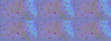 Varyete ve mavi raster çizimi. Birçok mor ve mavi soyut çiçekli tropik eskiz deseni. Küçük çiçekte sevimli çiçek deseni var..