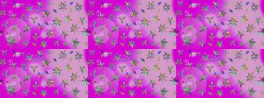 Mor ve nötr renklerde çiçekler. Düz Çiçek Elementleri Tasarımı. Çiçek desenli eskiz, yaz çiçekleri. Renkli Bahar Teması çizim şablonu.